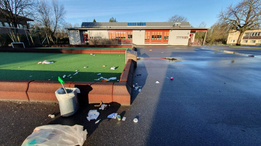 en hage med noen få *** og en bygning i bakgrunnen