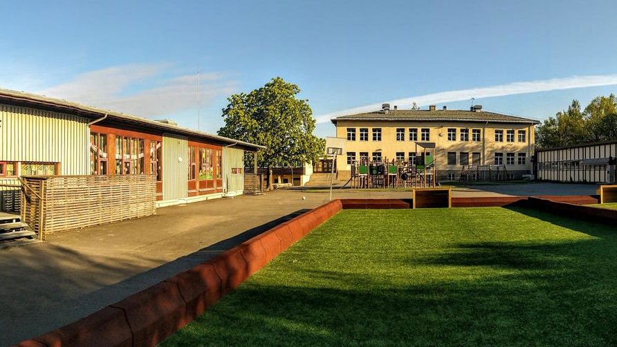 En bygning med en gresshage